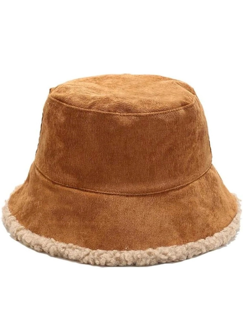 Tan Corduroy Bucket Hat with Sherpa Trim